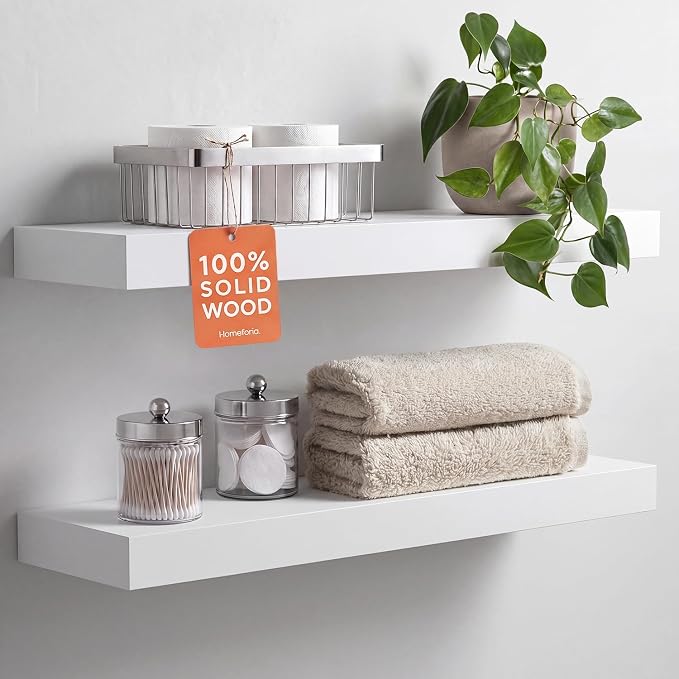 White Floating Shelves 24 inch, High End Solid Real Wood 24inch Bathroom Floating Shelf for Wall Mounted, White Wooden 24in Floating Shelves, Heavy Duty Bracket, 24 X 6.5 X 1.75 in, Set of 2