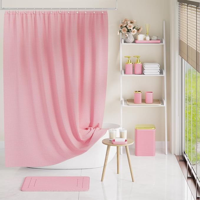 Bathroom Set - 25PC Bathroom Sets with Shower Curtain and Rugs, Pink Bathroom Set, Bathroom Accessory Set, Luxury Bathroom Accessories Set, Trash Can, Toilet Brush, Soap Dish & Soap Dispenser