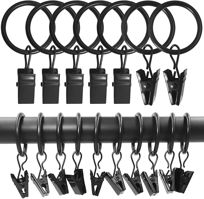 LLPJS 100 Pack Curtain Rings with Clips, Curtain Clip Rings Hooks, Bow Hanger Clips for Hanging Drapery Drapes Bows, Ring 1 inch Interior Diameter, Fits up to 5/8" Rod, Black