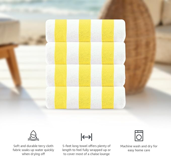 CASA COPENHAGEN Cabana Beach Towel Designed in Denmark Rough and Tough, Quick Dry, Beach, Pool, Bath & Shower 30x60 inches 4 Pieces Cotton Beach Bath Towels Set - Lemon