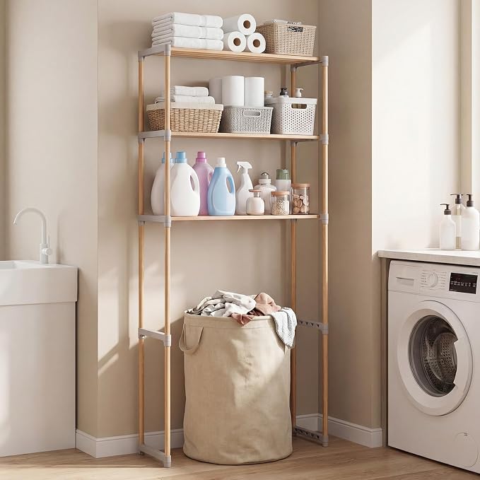 Giantex Over The Toilet Storage Shelf, 3-Tier Pine Wood Space-Saving Above Toilet Shelf Rack, Freestanding Over Toilet Bathroom Organizer for Laundry, Balcony, Restroom