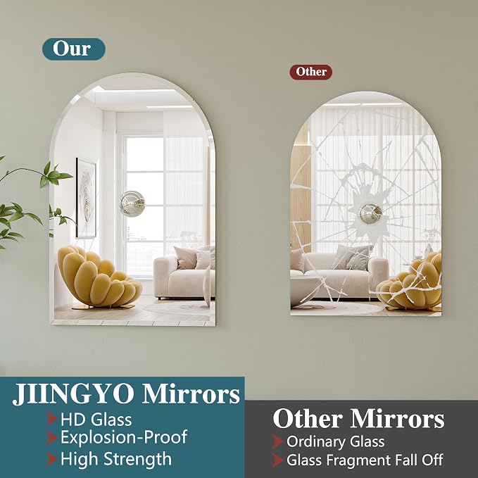 Frameless Bathroom Mirror, 20"x30" Beveled Arched Vanity Mirrors | Frameless, 15mm beveled edge, 5mm HD glass, shatterproof, anti-rust, french cleat, for bathroom/bedroom/entryway