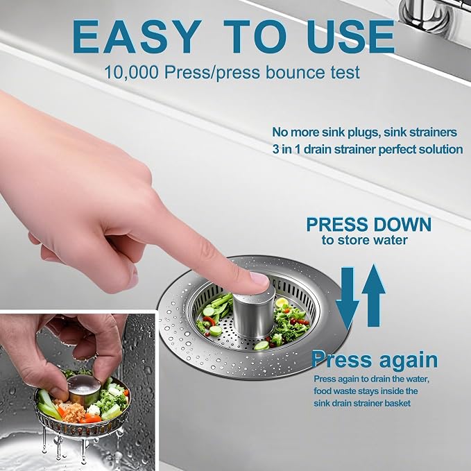 3-in-1 Kitchen Sink Drain Strainer & Stopper, Stainless Steel Food Catcher Plug with Filter Basket, Fits 3-1/2 Inch Drain Hole, Universal Sink Protector Cover, Anti-Clogging, Silver (Sus304, 1 Pack)