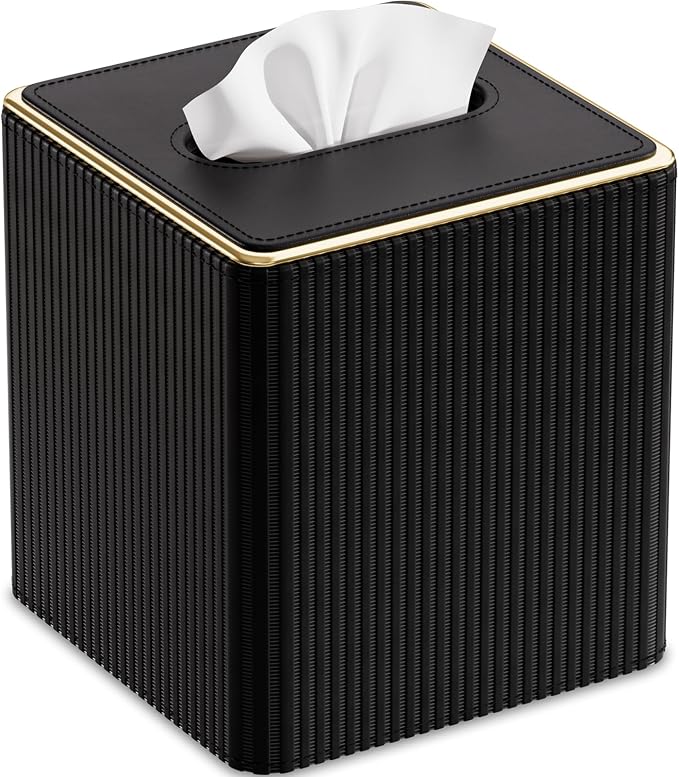 GORESE Square Tissue Box Cover with Gold-Tone Edging, PU Leather Tissue Box Holder for Kleenexs, Decorative Tissue Cover for Bathroom Living Room Car, Modern Cube Kleenexs Holder, Black