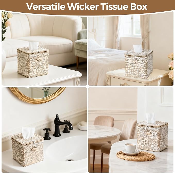 Seagrass Tissue Box Cover Square, Woven Wicker Tissue Box Holder, Whitewash | 2 Pack, With Lid, Natural Seagrass, Handwoven, Boho Decor, Decorative Facial Cube Tissue Cover Holder for Bathroom Office