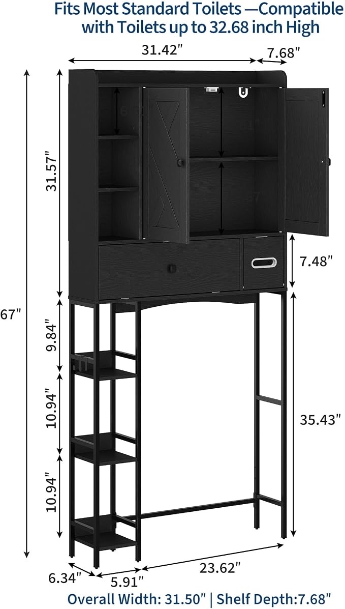 Garvee Over-The-Toilet Storage Rack, Modern Bathroom Organizer | MDF Shelves & Steel Frame, Space-Saving Toilet Shelf for Small Bathrooms, Bathroom Cabinet for Towels & Toiletries, Black