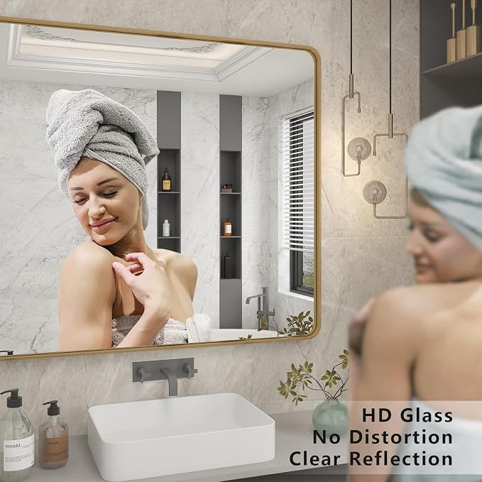 2 Pack of 24x36 Inch Gold Bathroom Vanity Mirror | Rounded Rectangle Gold Metal Mirror, Brushed Gold Brass Frame, Wall-Mounted, Anti-Rust, Hangs Horizontally or Vertically