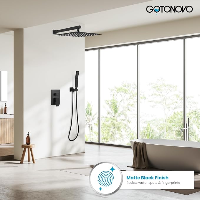 gotonovo Shower Faucet Set with Handheld Spray Matte Black,16'' Head | SUS304 Rainfall Shower Head and Handle Set System Fixture,Pressure Balance Valve Trim Kit,Single Handle,Wall Mount,All Metal