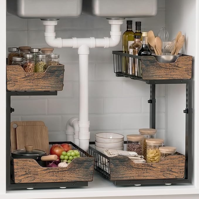 Pull Out Cabinet Organizer 2 Tier Metal Under Sink Organier | Shelf 5 Adjustable Height, Wood Handle, Anti Topple Over, Sturdy Slide out Storage Rack for Bathroom Kitchen Home Pantry