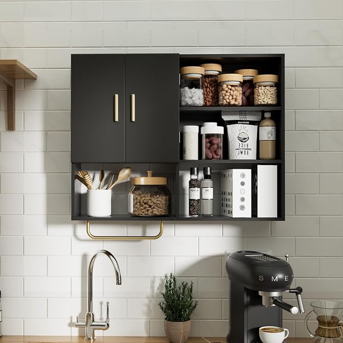 Bathroom Wall Cabinet Wood Large Wall Mounted Medicine Cabinet with 2 Doors and 4 Open Shelves Over Toilet Storage Cabinet Organizer with Towel Bar, Black