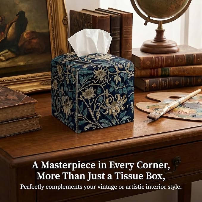 Tissue Box Cover Holder Square - Vintage Boho PU Leather Decorative Organizer, Ethnic Carpet Pattern Design Inspired, with Bottom Belt for Bathroom Car Office Tabletop Home, 5x5 Inch (Golden Flowers)