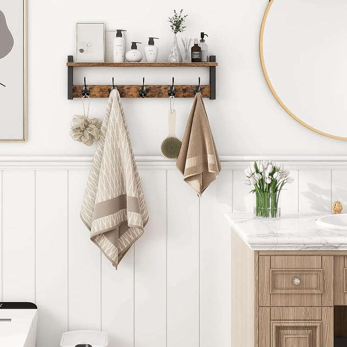 Coat Rack with Wall Mount, 24 Inch Long Entryway Wall Shelf with Hooks, Wood Hanger with Storage Shelf for Bathroom, Hallway, Rustic Brown Black