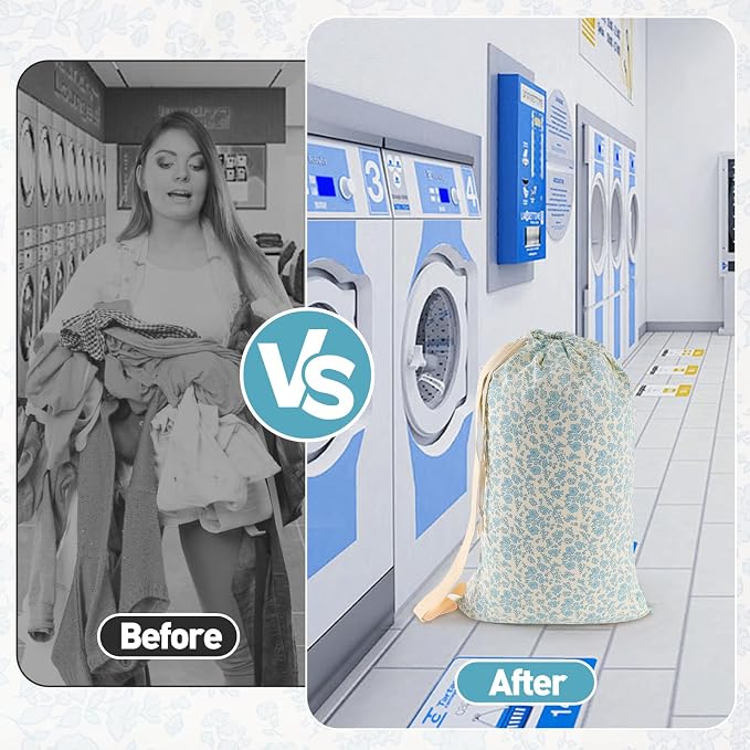 Laundry Bag Backpack for Dorm & Travel, 29 x 18" Large Dirty Bag | Cute Blue Floral College Clothes Pouch with Straps and Handles. Ideal for Apartment, Camp and Portable Bag for Laundromat