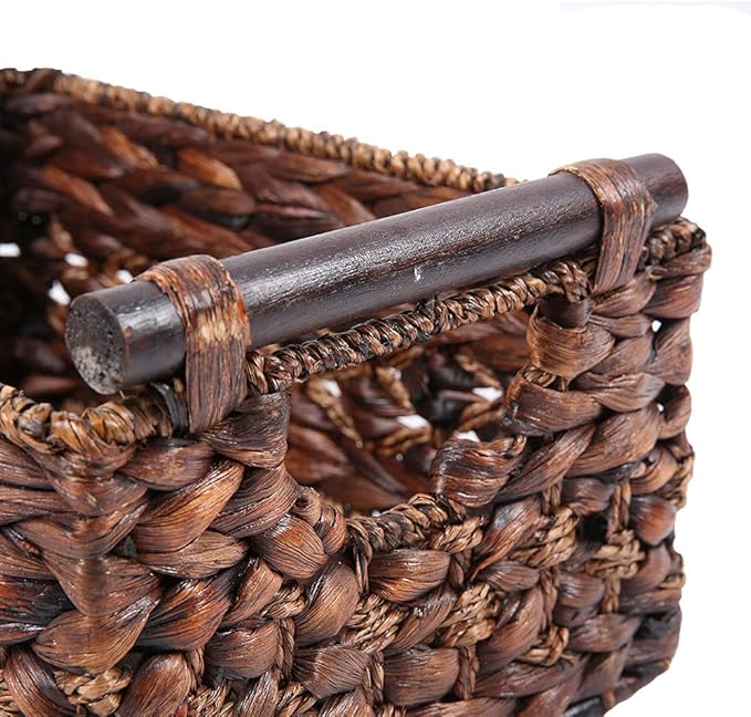 Water Hyacinth Wicker Storage Basket with Wood Handles, Large | Rectangular dark brown woven rattan basket, for shelves, kitchen countertops, closet, holds magazines, toilet paper