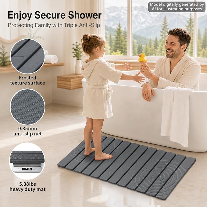 Foldable Stone Bath Mat, Non Slip Large Diatomaceous Shower Mat, Super Absorbent Quick Drying Stone Mat for Bathroom Kitchen Floor Counter Sink ,Easy to Clean & Store (32" x 16" Ripple Circle)