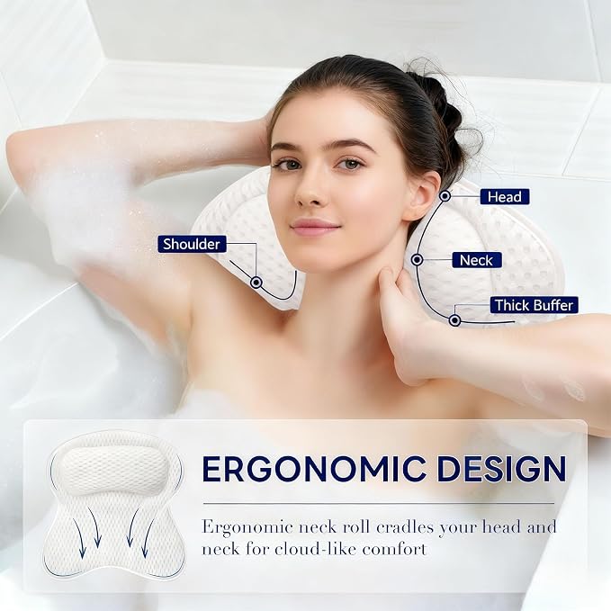 Luxury Bath Tub Pillows for Head and Neck, 4D Breathable Air Mesh Bath Pillow with Non-Slip Suction Cups, Ergonomic Back Support Spa Gifts