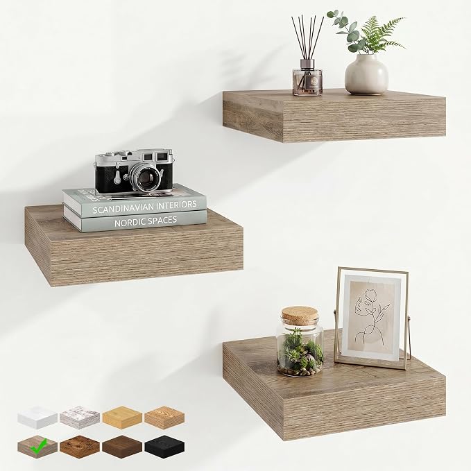 Marsmiles 8in Depth Floating Shelves, 8x8x1.4, Grey, Set of 3 | Small Wall Mounted Square Shelves, Engineered Wood, Invisible Brackets, Living Room, Bedroom, Bathroom, Kitchen Decor