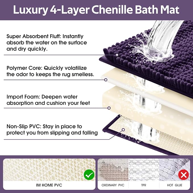 Striped Eggplant Purple Bathroom Rug Set 3 Pieces Ultra Soft, Non Slip Chenille Bath Carpet, Absorbent Plush Shaggy Bath Mats for Bathroom, Toilet, Bedroom, Kitchen