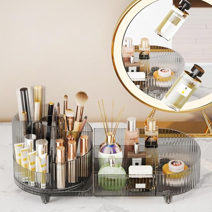 Rotating Makeup Organizer for Vanity with Brush Holder, Cosmetic Makeup Storage Organizer, Large Spinning Makeup Skincare Organizer, Countertop Makeup Perfume, Lotions Display Case (Transparent Black)