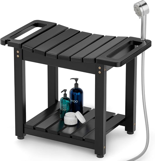 Bluewest 23.4 Inch Shower Bench Seat with Storage Shelf and Handle, Black | Waterproof Bathroom Spa Bench for Sitting Inside the Shower and Shaving Legs, with a Built-In Handle and Shower Head Holder.