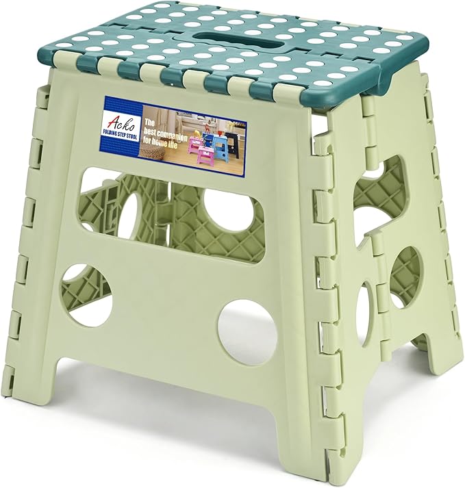 ACKO 13 Inch Folding Step Stool, Holds 300 lbs for Adults and Kids, Green | Collapsible Foldable Stools, Non-Slip Surface Heavy Duty Foot Stepping stool for Kitchen Bathroom Outdoor, Built-in Handle