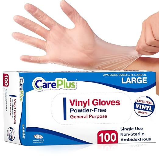 CARE PLUS Vinyl Gloves Clear Large, Disposable Latex Free, 100 Count | Powder free exam grade protection for food service, salons & housekeeping; ambidextrous, tear resistant, comfortable fit