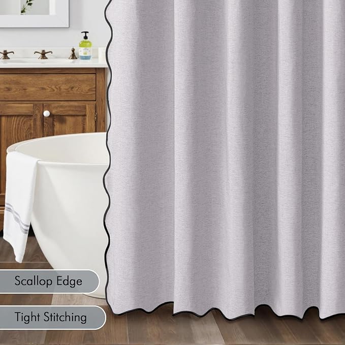 MIULEE 72"x84" Extra Long Scalloped Linen Shower Curtain Lavender | Linen Textured, Waterproof, Washable, 12 Metal Hooks, Heavy Duty Cloth, Black Border, Shower Curtain for Bathroom Bathtub