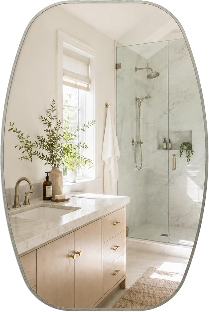 Brushed Nickel Capsule Bathroom Mirror, 24x36 Inch | Aluminum alloy frame, pill-shaped design, tempered glass, two-way mount for dresser and console