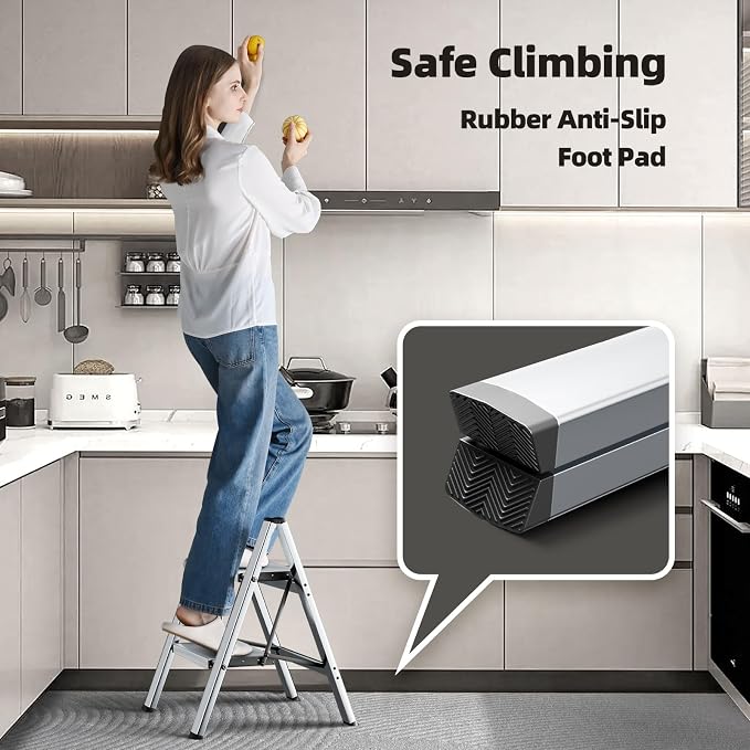 HillhutApex Aluminum Step Stool Foldable,2 Step Ladder (Silver) | Lightweight Portable step ladder with Anti-Slip Wide Pedal,330lbs Capacity Ladder for Household,Office,Kitchen
