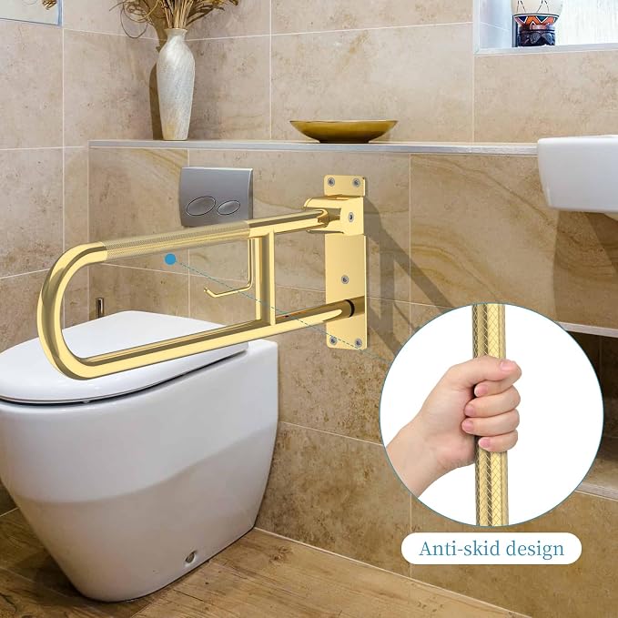 Flip Down Toilet Grab Bar 32 Inch Gold, Munzong Anti-Slip Handicap Grab Bar | with Paper Holder Flip-Up Bathroom Safety Rails Stainless Steel Knurled Support handrails for Seniors Elderly Disabled