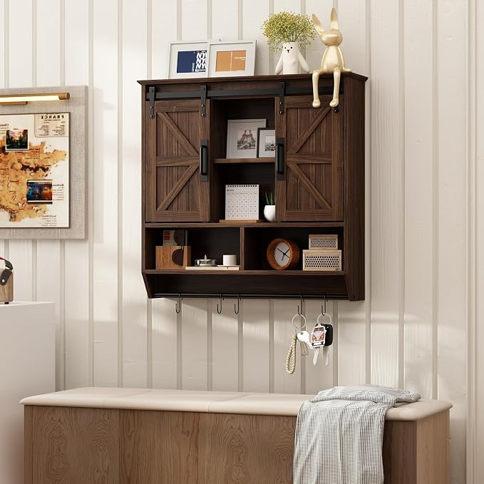 RUSTOWN Farmhouse Bathroom Wall Storage Cabinet with Sliding Barn Doors | 3-Tier, Rustic Wood Wall Mounted Cabinets, Vintage Medicine Cabinet, Adjustable Shelves, Over The Toilet Storage Cabinet