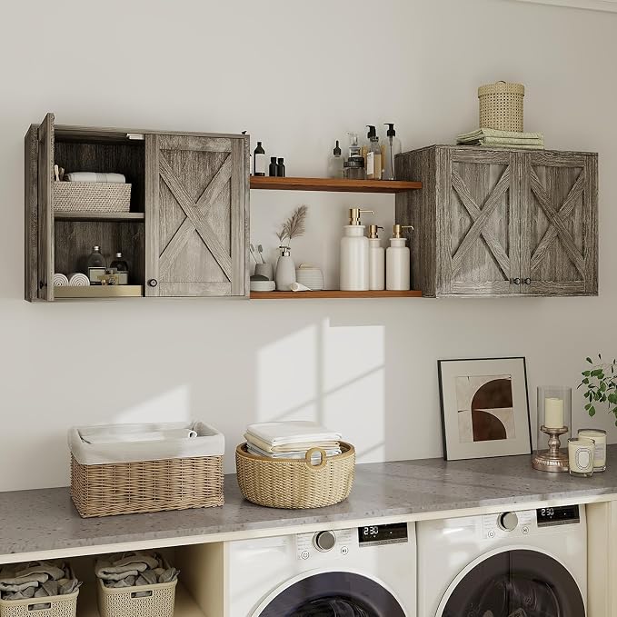 YOURLITE Laundry Cabinet, Medicine Cabinet, Bathroom Kitchen Storage Wall Mounted Farmhouse Organizer with Shelves Over Toilet, One Set of 2 Pieces X 24", Grey