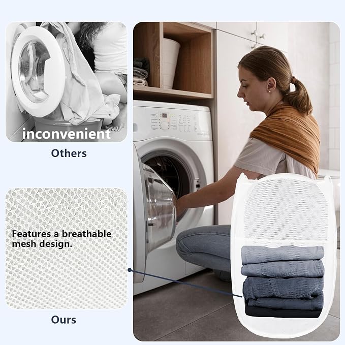 Pop Up Laundry Hamper, Mesh Laundry Basket Collapsible, Foldable Hamper for Travel and Storage (White)