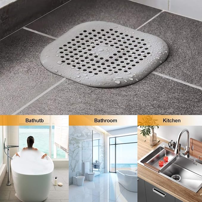 Bovinde Hair Drain Catcher Square for Shower 4PCS (Grey Aluminium White) | Drainer Cover Silicone Hair Stopper with Suction Cups,Protector Accessories,Easy to Install Suit for Bathroom,Bathtub,Sink