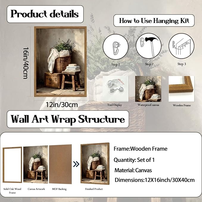 Vintage Laundry Room Wall Art Rustic Laundry Basket Bathroom Wall Decor Poster Country Farmhouse Wildflower Canvas Painting Print 12x16 inch Wood Framed