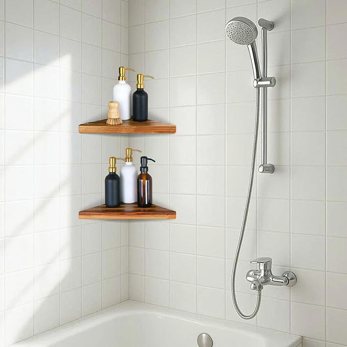 ENKEZI Acacia 2,3 Tiers Corner Shower Shelf, Triangular Corner Shelf Wooden Bathroom Shelf for Tiled Wall, Shower Corner Shelf, No Drilling Requied (2)
