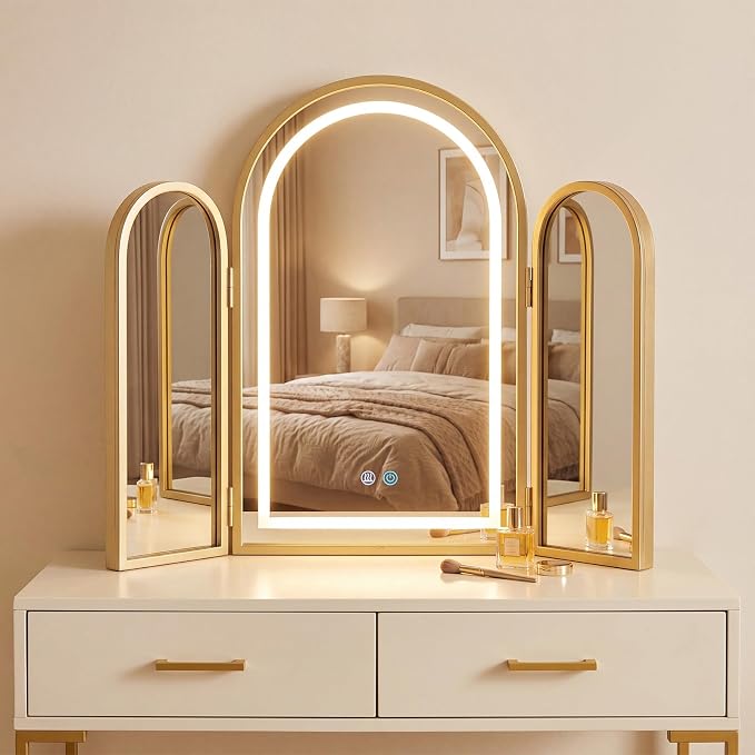 Trifold Vanity Mirrors 3 Way, 30 x 37 in Adjustable Trifold Mirror for Bathroom Bedroom, Decorative Folding 3 Sided Mirror Wall Mounted for Braiding Hair Makeup(Arched,LED, Gold)