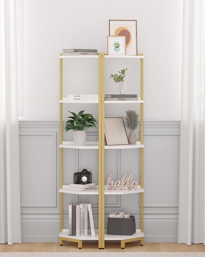 Hzuaneri Corner Shelf Stand 5-Tier Corner Bookshelf Storage Standing Shelf | Bookcase Plant Stand with Metal Frame for Living Room, Home Office, Bedroom, Black CS05903A