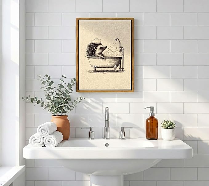Floating Framed Funny Hedgehog Bathroom Canvas Wall Art, Cute Animal Bathing in Bathtub Painting Picture Wall Decor, Vintage Neutral Sketch Poster Print Artwork, for Bathroom, Home Decoration 12x16in