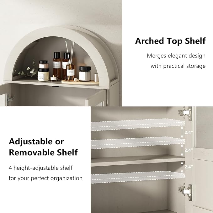 RUSTOWN Arched Bathroom Wall Cabinet with 2 Glass & Rattan Doors | Rattan Medicine Cabinet, Farmhouse Over the Toilet Storage Cabinet, Adjustable Shelves, 3-Tier Wall Mounted Cabinets