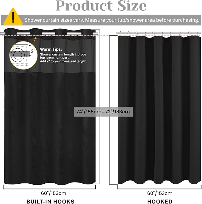 SORTTO No Hook Shower Curtain with Snap in Liner Set Waffle Shower Curtain for Bathroom Hotel Style Fabric Waterproof Inner Liner，60" W x 74" H, Black