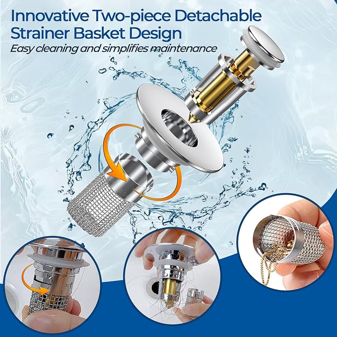Bathroom Sink Drain Strainer, Pop-up Sink Drain Strainer with Removable Stainless Steel Strainer Basket Hair Catcher, Bathroom Sink Strainer for Bathroom Sink Stopper Replacement (3PCS)