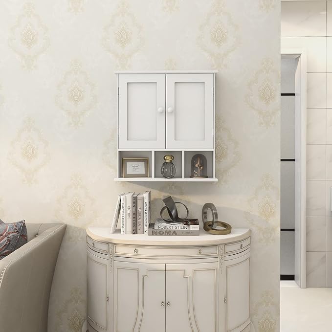 TaoHFE White Bathroom Wall Cabinet with 2 Door Adjustable Shelves | Over The Toilet Storage White Wall Mounted Medicine Cabinets for Bathroom Laundry Room Kitchen