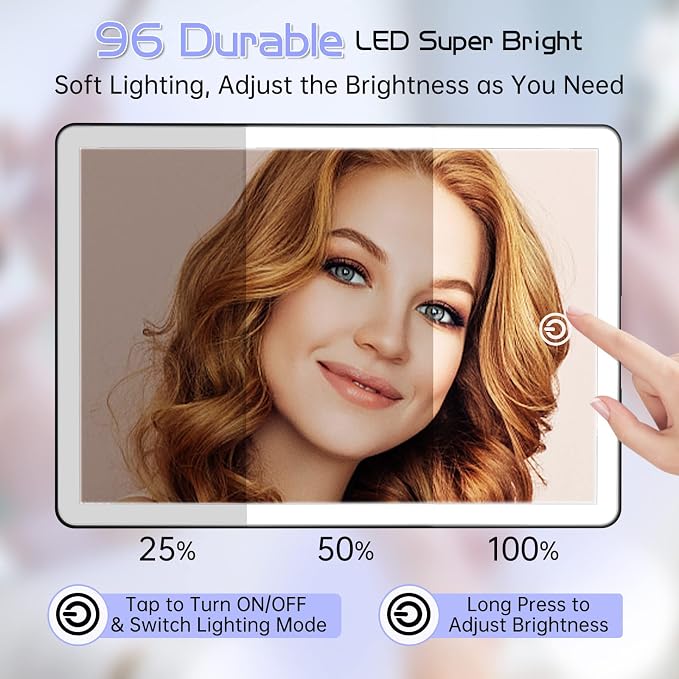 FUNTOUCH 4500mAh Large Makeup Vanity Mirror with Lights & 96 LED,Black | Rechargeable Lighted Makeup Mirror with 10x Magnifying Mirror,3 Color Lighting 360°Rotation Touch Dimmable with Phone Holder
