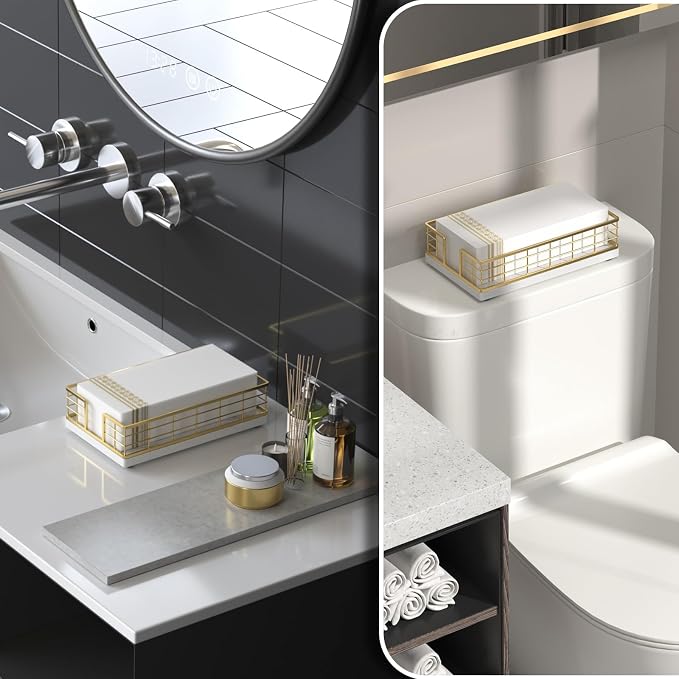 Wican Marble Guest Towel Holder Tray for Bathroom, Napkins Holder | Powder Room Dining Table Wooden Basket for Disposable Paper Hand Towels, Gold and Marble White