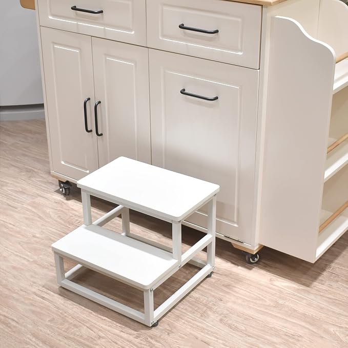 SZLHANJZ Step Stool, Wood & Metal Step Stools for Adults Kids, 500 LB Load | 2 Steps for Adults Kids, Steps for High Beds with Round Corners, Small Stepping Stool for Bedroom Kitchen, White