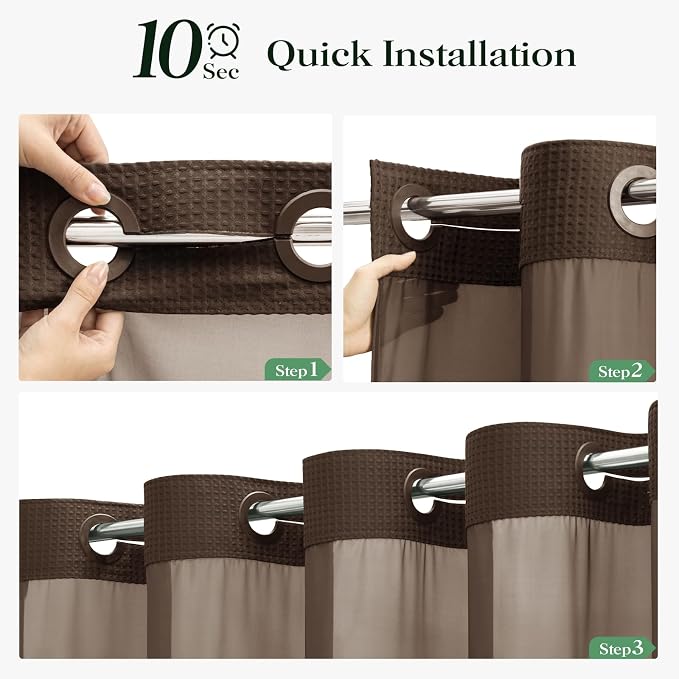 Brown Hook Free Waffle Shower Curtain & Snap-in Fabric Liner,72x75 | Less Time to install, 3 in 1 Fabric Shower Curtain and Liner Set with Magnets, Mesh Top Window, Shower Curtains for Bathroom