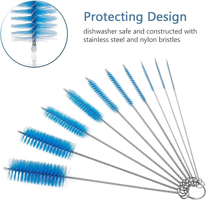 CiaraQ Bottle Cleaning Brushes, 8 Inch Nylon Tube Brush Set | Blue Cleaner for Narrow Neck Bottles Cups with Hook, Set of 10pcs.