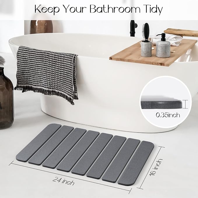 Foldable Stone Bath Mat for Bathroom, Non-Slip Mat, Quick Dry 24" x16" Grey | Large Super Absorbent Diatomaceous Earth Mats, Quick Drying, Eco-Friendly Easy to Clean, Easy Storage, Silicone Non-Slip Base