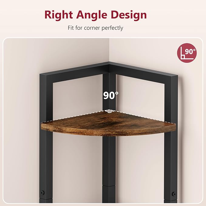 Corner Shelf Stand 4 Tier 48.5" with Metal Frame, Rustic Brown | Industrial Small Corner Shelf Narrow, Multipurpose Tall Corner Bookshelf, Corner Table Bedroom, Living Room, Office, Kitchen